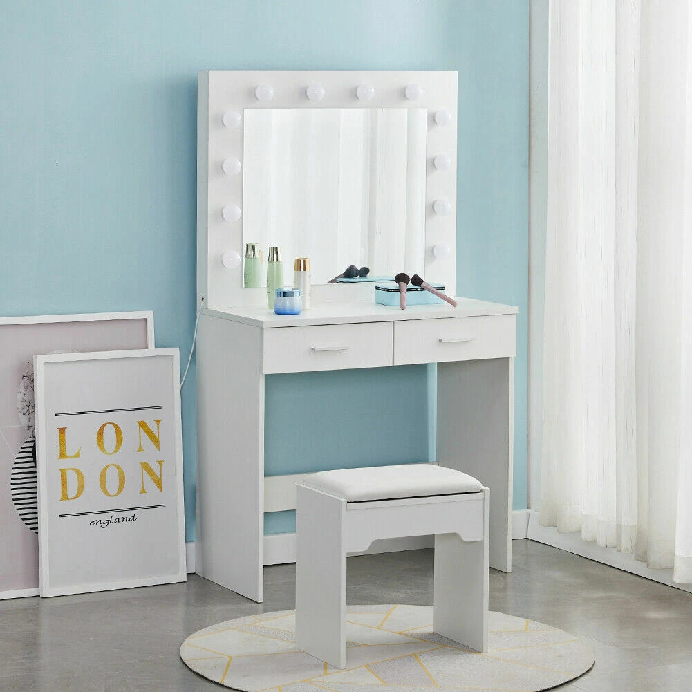 1 x Makeup Desk White Wooden Dressing Table w Mirror Chair 10 LED