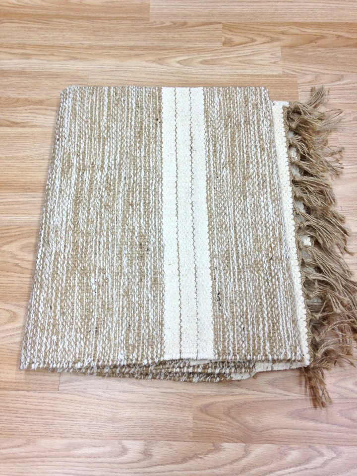 Eco Friendly Natural Cotton Jute Mix Striped Cream Beige Washable Rugs Dhurries - Image 3 of 4