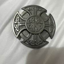 Vintage Pure Pewter Belt Buckle Celtic Knot Iron Cross Geometric 2.75" 2000