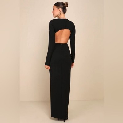 NWT Lulus Flawless Esteem black maxi dress xs open back slit formal long sleeve