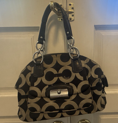 Coach Signature Black/Beige Satchel Shoulder Bag Zip Detachable Strap Silver