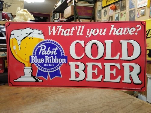 Vtg Pabst Blue Ribbon Beer Cold Beer What'll You Have? Metal Sign 35" x 17"