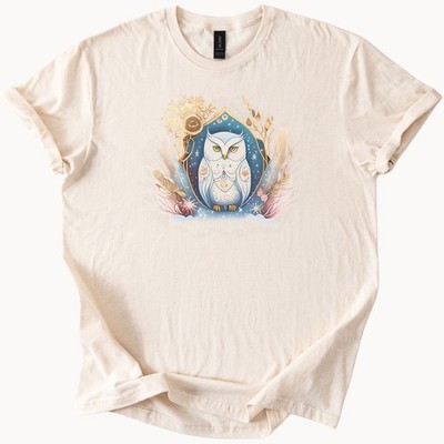 Owl Art Tee Pastel Forest Flowers Celestial Nature Bird Blue Soft Shirt