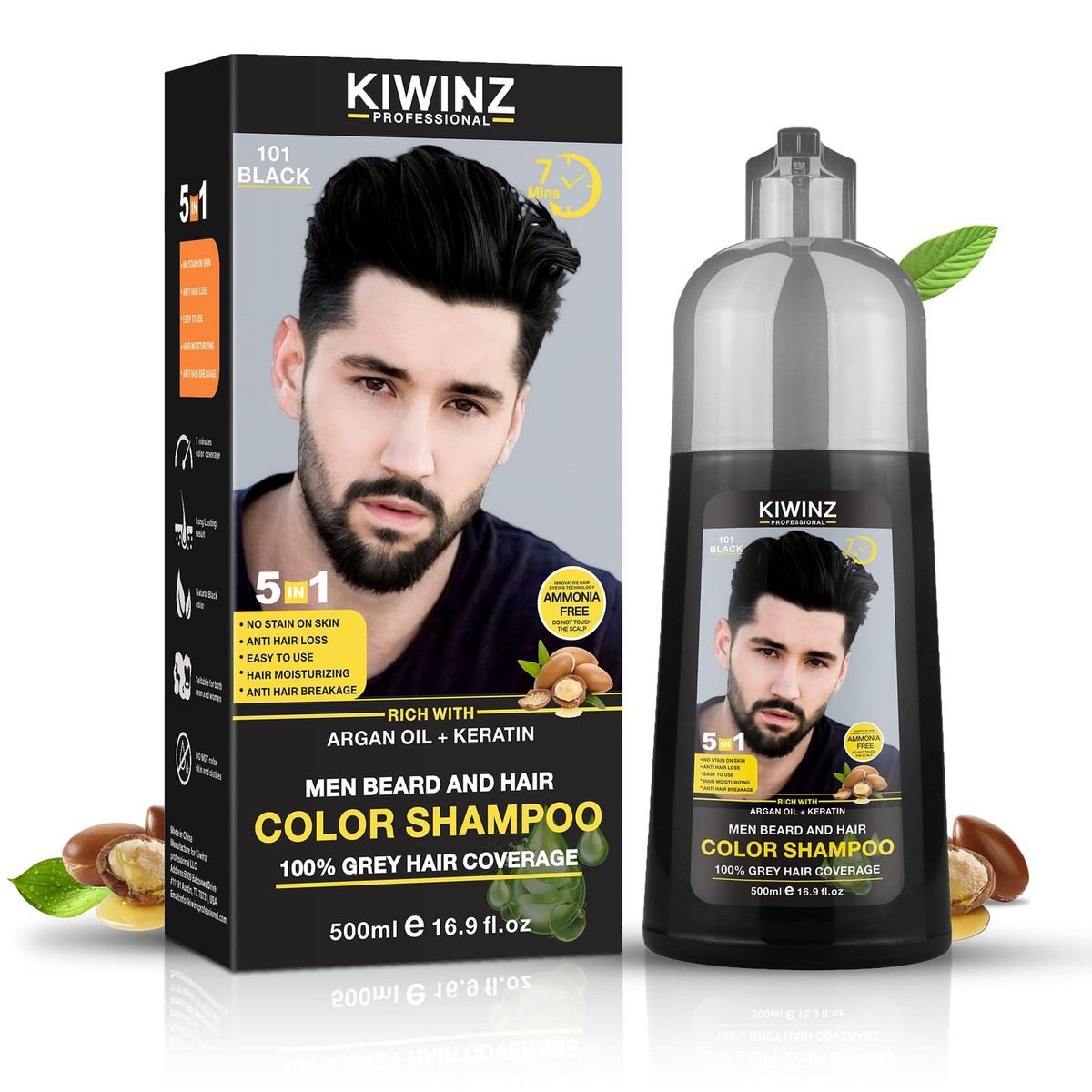 Kiwinz Professional Black Hair Color Shampoo for Men – 5 in 1 Hair