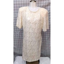 Laurence Kazar ~ VTG. Beaded Lace Dress ~ Size Large ~ Ivory Pearl/Midi Cocktail
