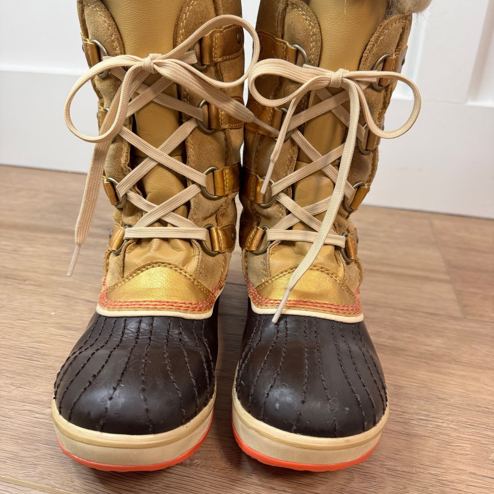 's Faux Fur Tall Waterproof Lace Up Snow Boots Gold Tan Us S