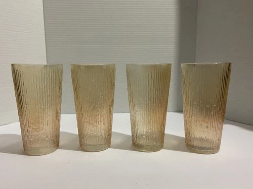 3 Jeanette Glass Iridescent Marigold Carnival Tree Bark 16 ounce Tumblers MCM