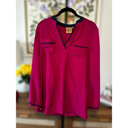 Tory Burch tunica 100% seta top manica lunga in fucsia con orlo navy taglia 2