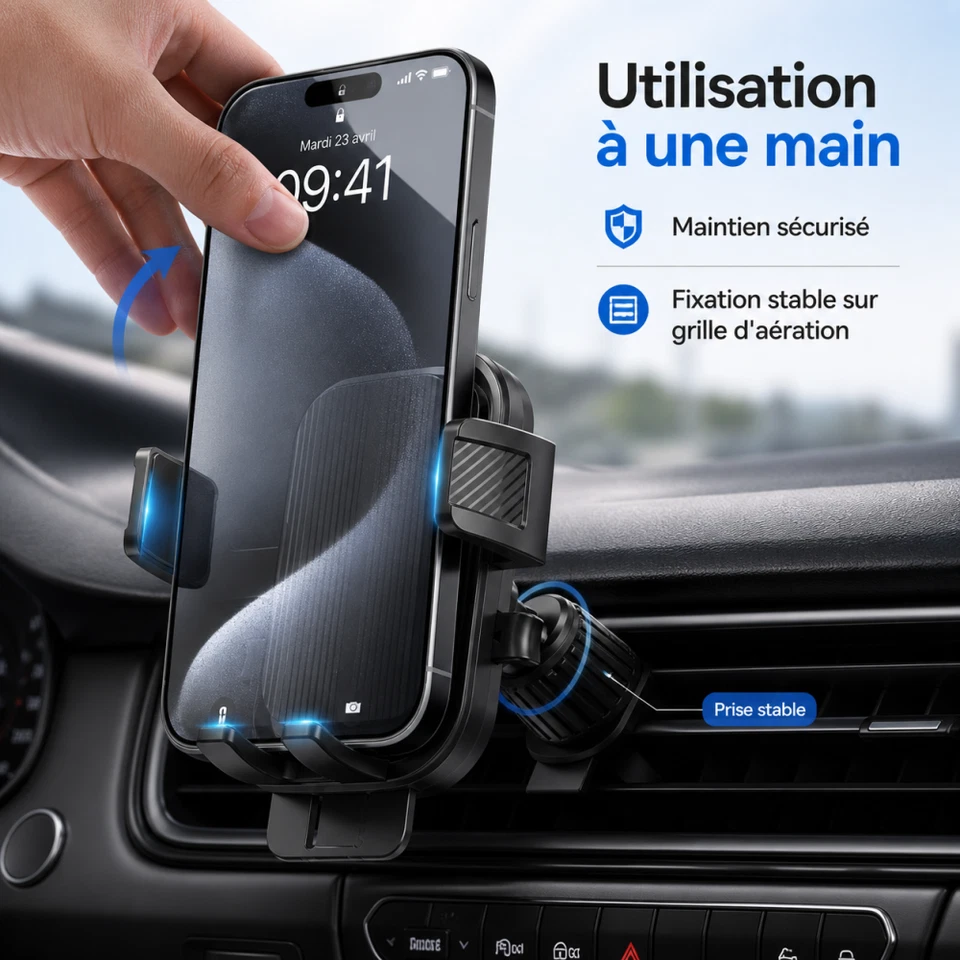 Support Telephone Voiture Grille D'aération 360° Rotation - Photo 3/4