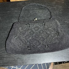 Vintage Black Beaded Evening Bag Japan Rhinestone Kiss Lock