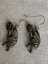 Vintage 925 Sterling Kokopeli Player Dangle Earrings Native American Southwester