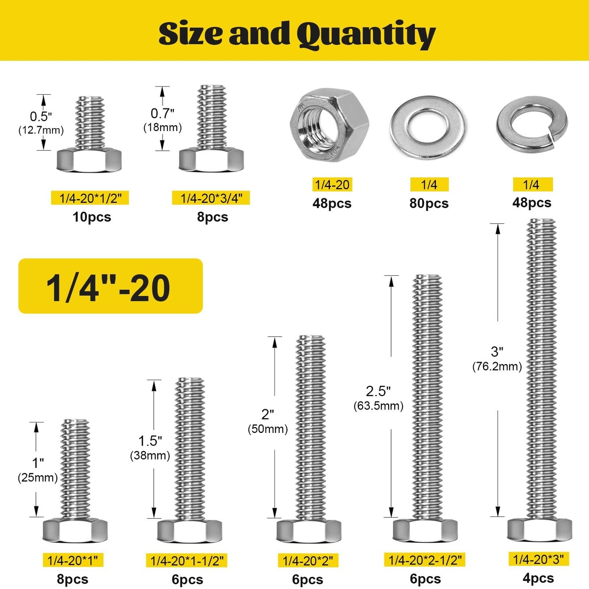 224PCS 1/4''-20 Hex Bolts and Nuts Assortment Kit1/4-20 x 1/2'' 3