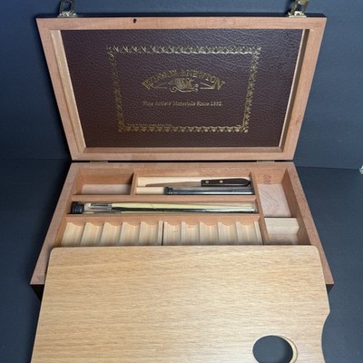 VTG Winsor Newton Garden Paint Box With Pallet & Brushes Lined Hardwood