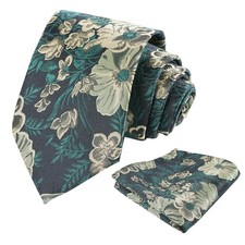 Mens 3.35inches Large Floral Pattern Necktie and Printed Pocket Square Set, B...