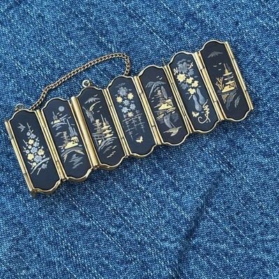 Amita 15-Panel Vtg. Japanese Damascene Bracelet, Two Sided Engraved, Gold Inlay