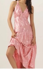 Farm Rio  V Neck Tiered Waist Soft Pink Satin Floral Dress Women’s Size Large