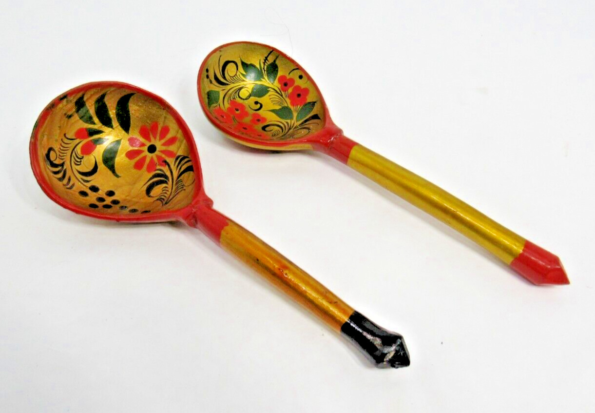 Set of 2 Russian Hand Painted Wooden Spoons Floral 7.25