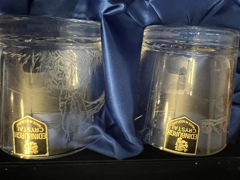 Vintage Edinburgh Crystal Clear Cut Glass Whiskey Glasses Golfers Golf 4 In Box - image 2 of 4