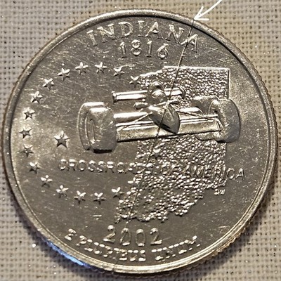 2002-D Indiana State Quarter With Die Crack Error From Rim