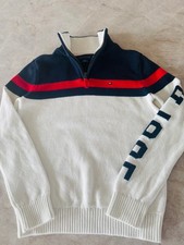 Tommy Hilfiger Boys M 8-10 Quarter Zip Sweater White Navy Red Logo Sleeve