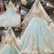 Sky Blue Wedding Dresses Long Sleeve Big Train Lace Flowers Pearls Beading