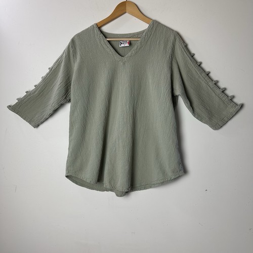 Drawstrings Of Malibu Top Blouse Green Boho Cotton 3/4 Sleeve Lagenlook USA M