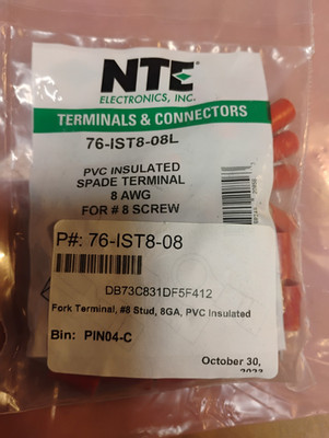 50, NTE PVC Insulated Spade Terminal 76-IST8-08L 8 AWG for #8 Screw - Fast Ship
