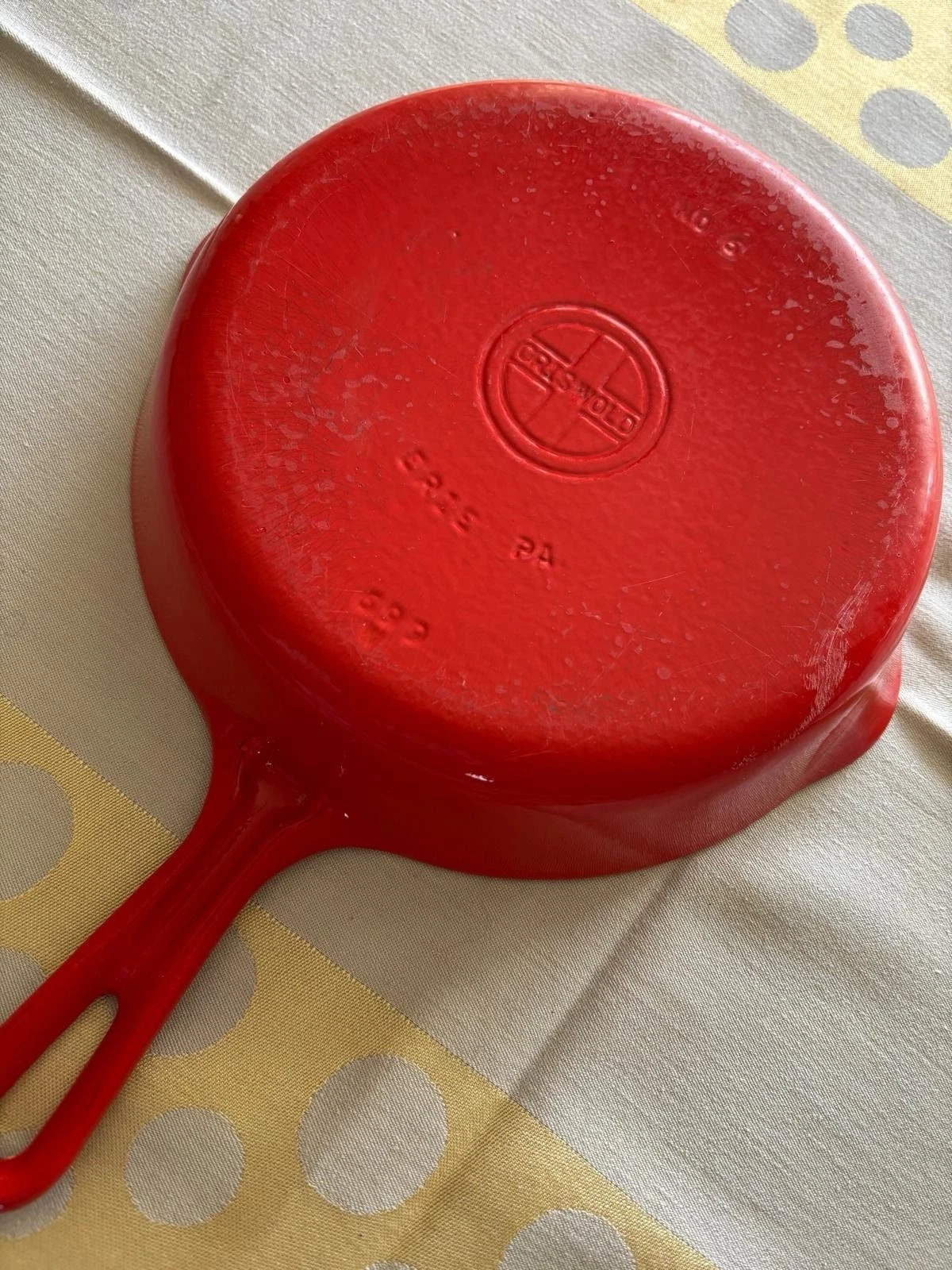 vintage Cast Iron Griswold 106 six-inch enameled red skillet