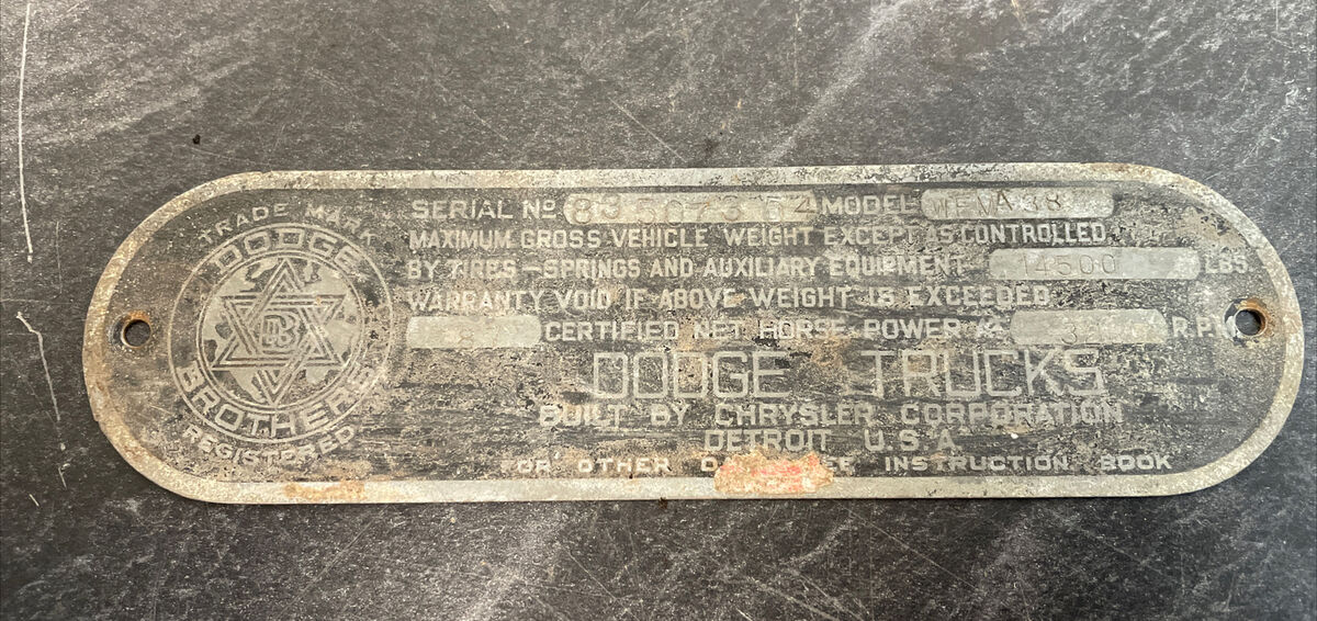 1945-1948 Dodge Truck Power Wagon Data Plate Tag Model-WFMA-38 Original  Vintage