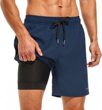 Mens Swimsuit Trunks 7" Quick-Dry Swim Shorts Compression Liner Zipper Pockets