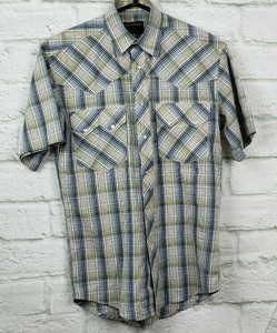 Wrangler-Rustler-Mens-Small-Short-Sleeve-Pearl-Snap-Blue-Plaid-Western-Shirt