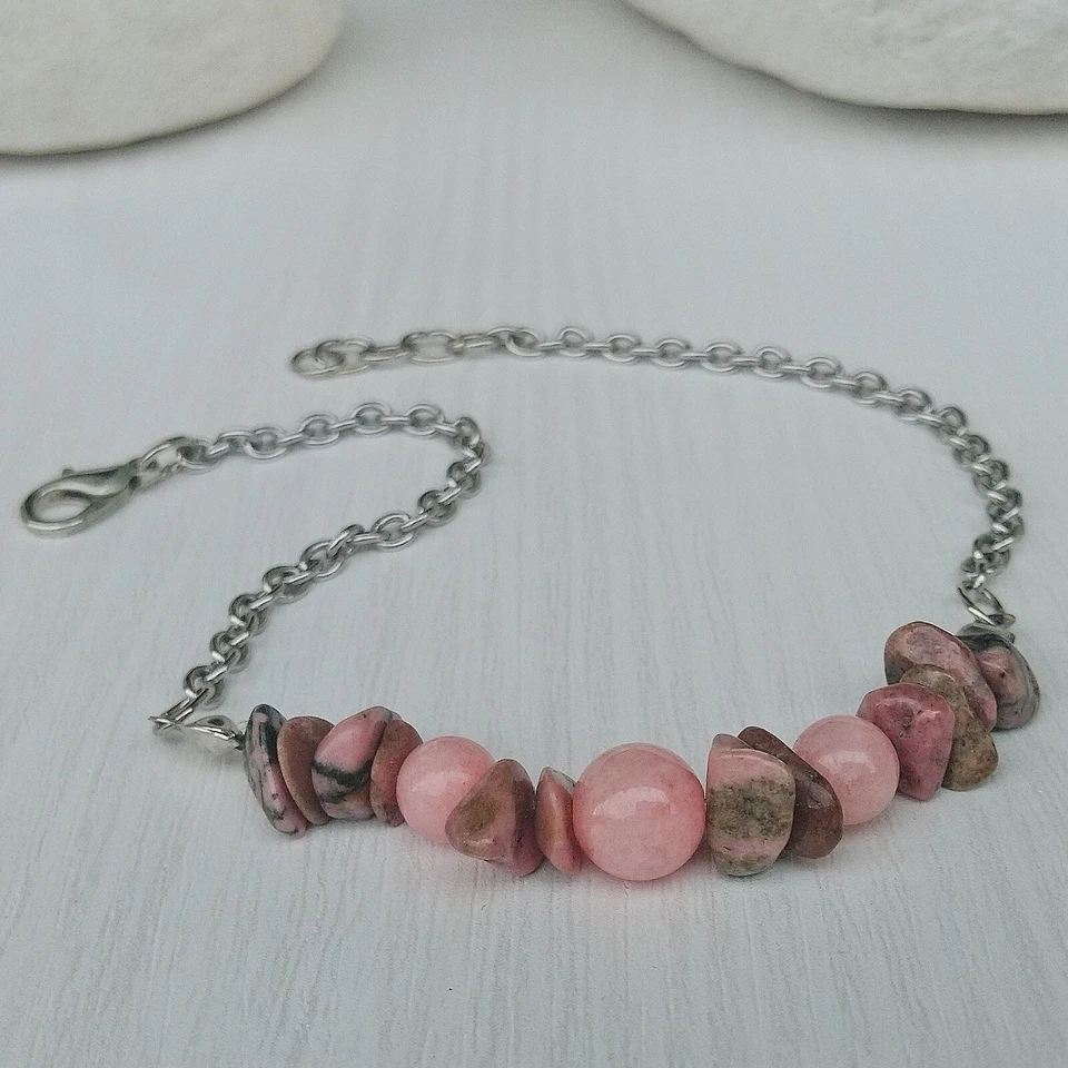 Tobillera de piedra de rodonita para mujer, pulsera de tobillo de cadena de acero inoxidable de 9,5"" Foto 3 de 4