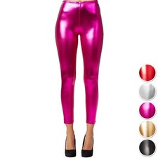 Damen Leggings Metallic Strech Hose Glanz Wet Look Disco Party Kostüm Karneval