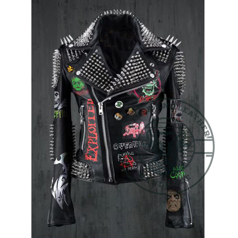 Mens Black Gothic Leather Jacket with Spikes Rivets and Studs
