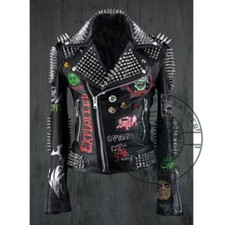 Men's Black Leather Patches Gothic, Misfit Long Spiked, Rivets Studded Jacket
