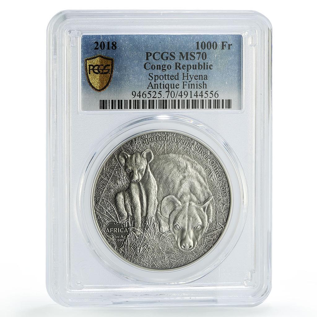 Congo 1000 francs African Ounce Wildlife Hyena Fauna MS70 PCGS