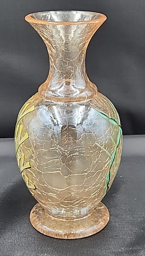 Antique Moser Bohemian Amber Crackle Glass Vase 6 3/4" Enamel Seaweed Aquatic - Picture 4 of 10
