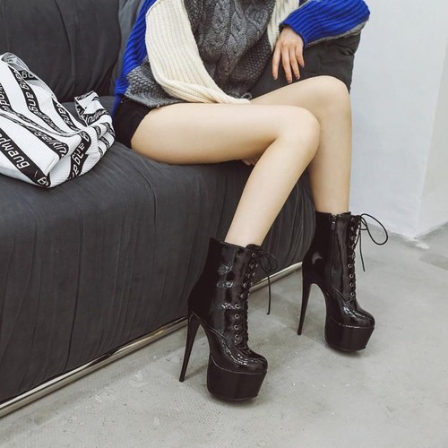 Women High Heels Shiny Leather Ankle Boots Fashion Platform Shoes Party Pumps - Zdjęcie 3 z 17