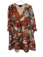 Anthropologie Hemant and Nandita Zeri Dress Size 2P V Neck Floral Peasant Rust