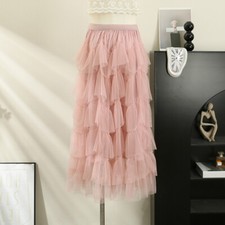 Lady Beaded Tiered Skirts Ruffles Midi Layered Lace Mesh Casual Retro Girls Cute