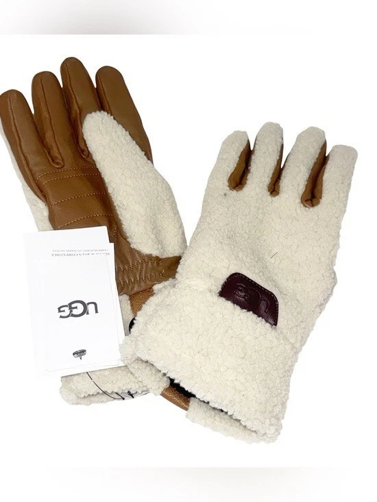 NWT UGG Sherpa Gloves Brown Cream Leather Large