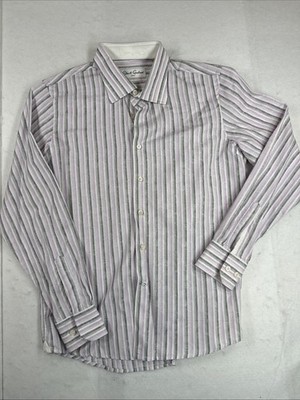 Robert Graham Button Up Kids 14-16 White Purple Stripes Preppy Funky Long Sleeve