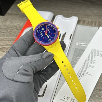 NEW✓ Swatch Chrono GLOW LOOM Yellow And Navy Date Sports Men's