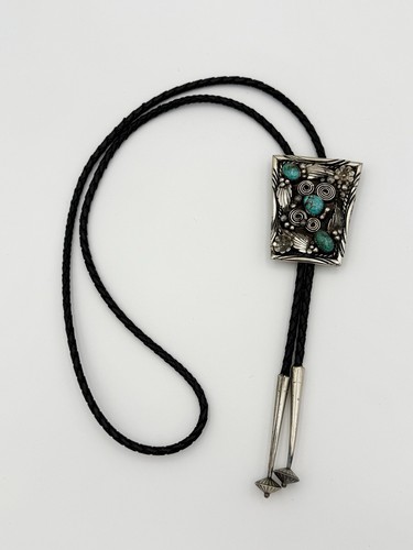Reduced! Vintage Navajo Hand Signed Turquoise in Sterling Silver Bolo Tie - Picture 2 of 5