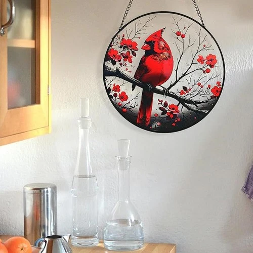 Red Cardinal Garden Stained Glass Suncatcher, Cardinal On Branch Window Hanging