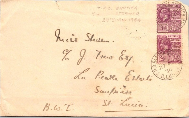 British Guiana 1934 TPO Bartica Steamer Cover to St Lucia / FRONT ONLY - L44016