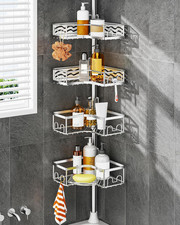 Adjustable Corner Shower Caddy with Repositionable Baskets and Hooks, Stainless