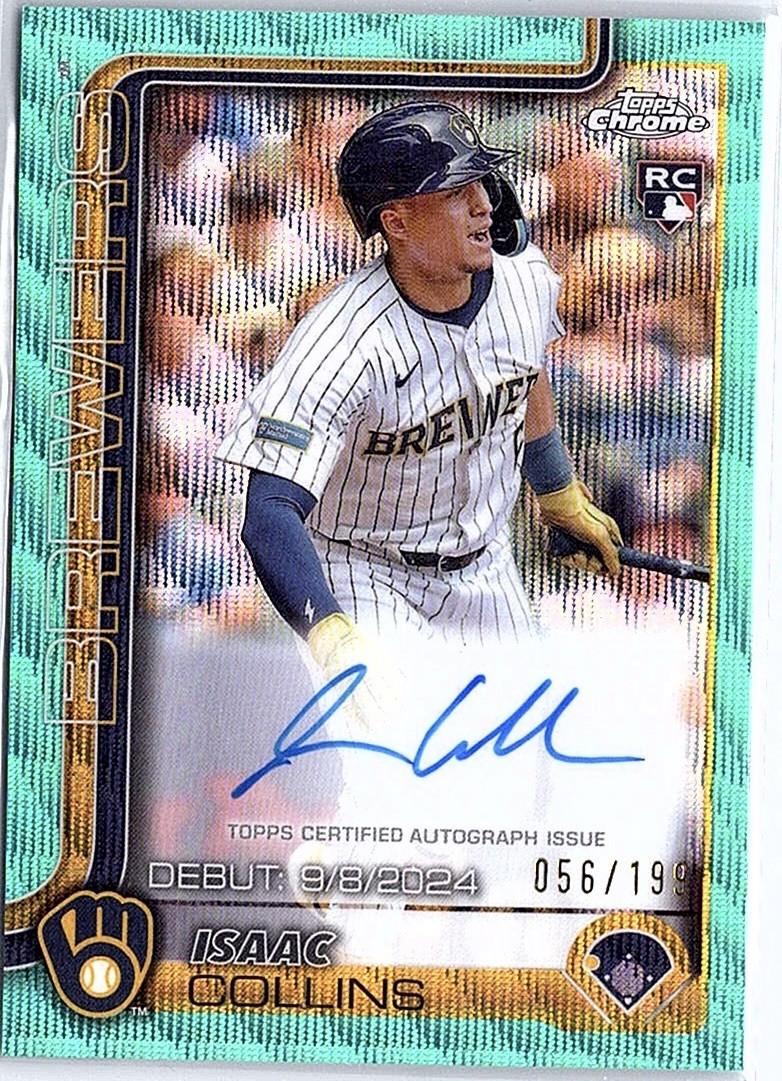 2025 TOPPS CHROME ISAAC COLLINS RC AUTO ROOKIE DEBUT AQUA WAVE REFRACTOR /199 NM