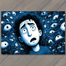 Art Print Blue Comic Man Surrounded by Eyes Pop Art Style Surreal Anxiety Expres