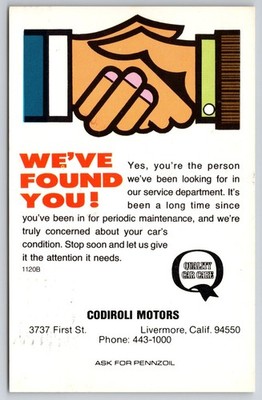 1984 Codiroli Motors Livermore CA Auto Service Advertising Postcard Pennzoil